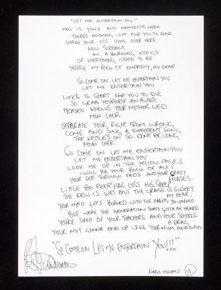 A set of handwritten lyrics for "Let Me Entertain You" Bonhams