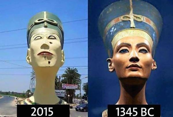 On the left, the new statue of Nefertiti that so enraged locals, on the right, the original iconic bust of the Egyptian Queen. Photo via Twitter.