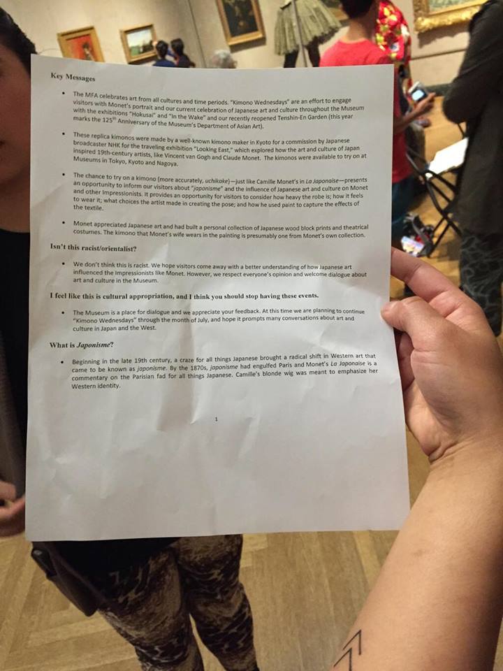 The Museum of Fine Arts has distributed a one-page statement. Photo via Facebook, by Ames X Siyuan.