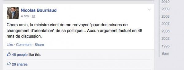 Nicolas Bourriaud confirmed he had been dismissed in a message on his Facebook page. 