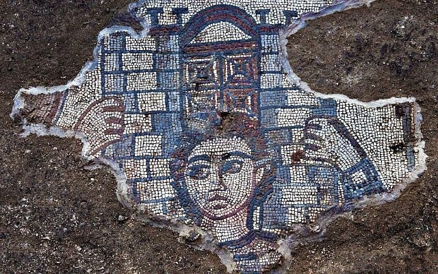 Detail from the Huqoq synagogue’s 5th century mosaic showing Samson carrying the gate of Gaza, from Judges 16, found in the east aisle of the ancient Synagogue. Photo by Jim Haberman.