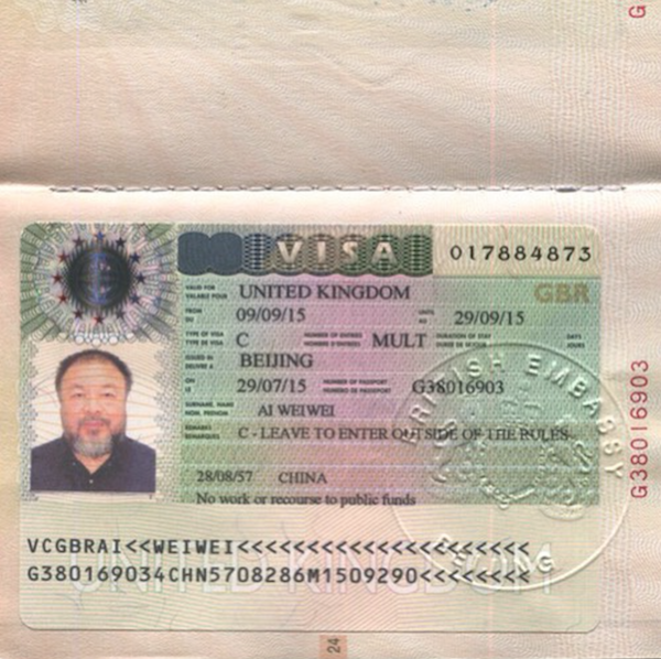 Ai Weiwei published a picture of his 20-day visa on his Instagram. Photo: @aiww via Instagram
