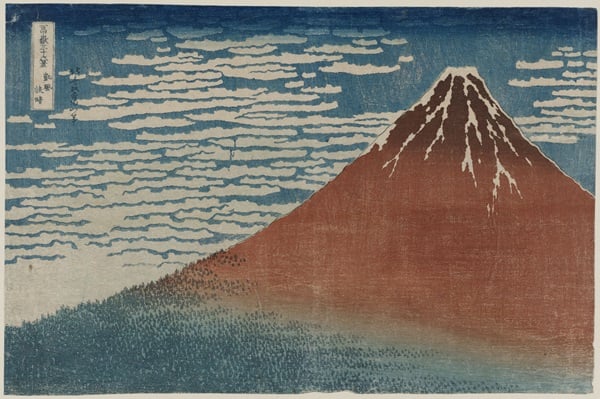Fine Wind, Clear Weather (Gaifû kaisei), also known as Red Fuji,  from the series Thirty-six Views of Mount Fuji (Fugaku sanjûrokkei) Katsushika Hokusai (Japanese, 1760–1849) about 1830–31 (Tenpô 1–2) Woodblock print (nishiki-e); ink and color on paper * Nellie Parney Carter Collection—Bequest of Nellie Parney Carter * Photograph © Museum of Fine Arts, Boston