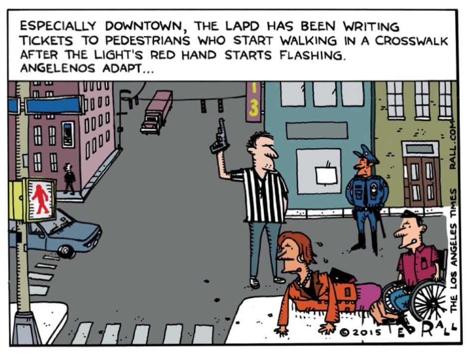 This cartoon by Ted Rall appeared in a May 11 blog post describing an alleged incident with the LAPD. Rall has since been accused of misrepresenting the incident, and fired. Image by Ted Rall, courtesy of the artist and the Los Angeles Times.