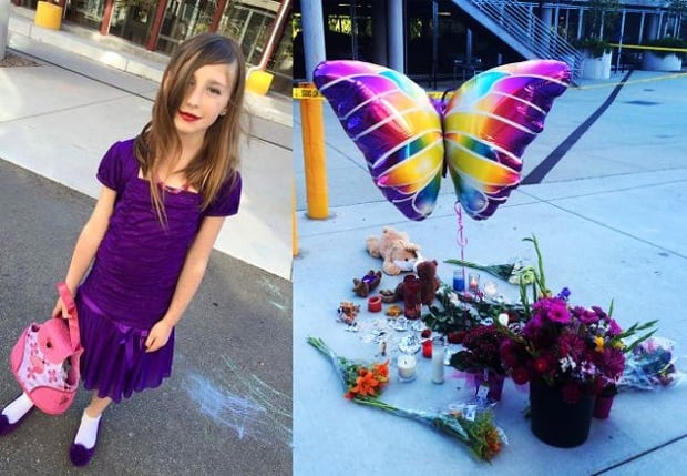 Madyson Middleton, an eight-year-old girl who was murdered at her home at the Tannery Arts Center, and the growing memorial set up in her honor. Photo: courtesy KSBW.