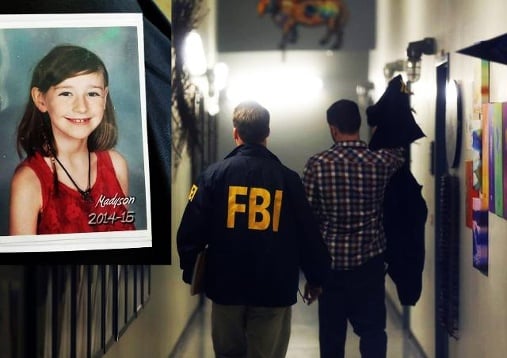 A school photo of Madyson Middleton, an eight-year-old girl who was murdered at her home at the Tannery Arts Center, and FBI investigators. Photo: Connor Radnovich, courtesy the San Francisco Chronicle.