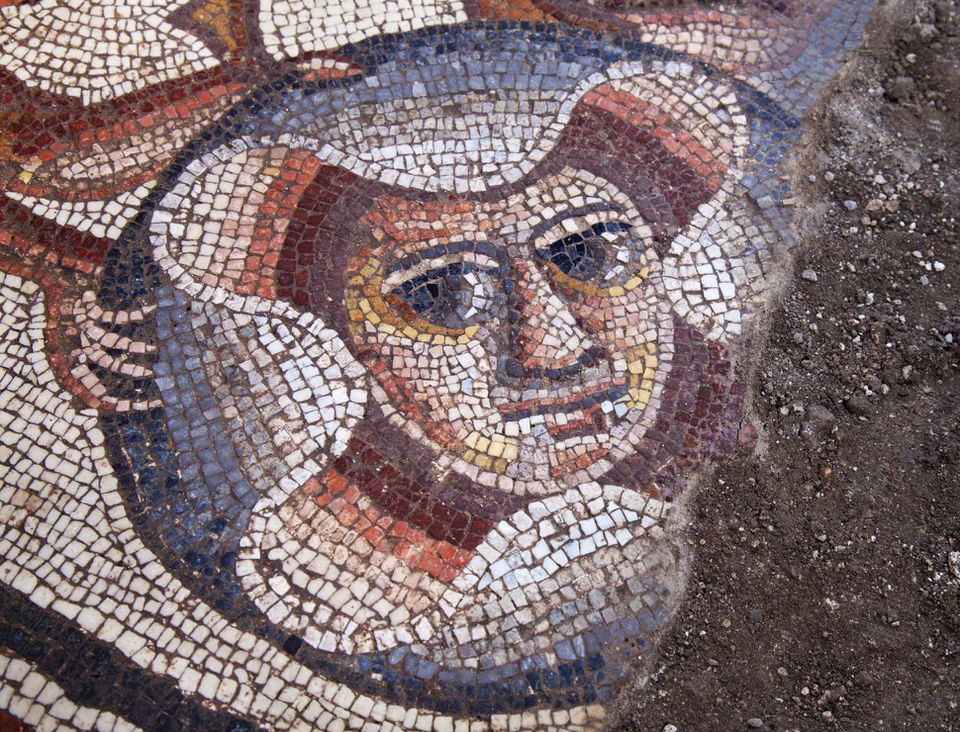 Theatre mask mosaic found in 2015 at Huqoq. Photo by Jim Haberman.