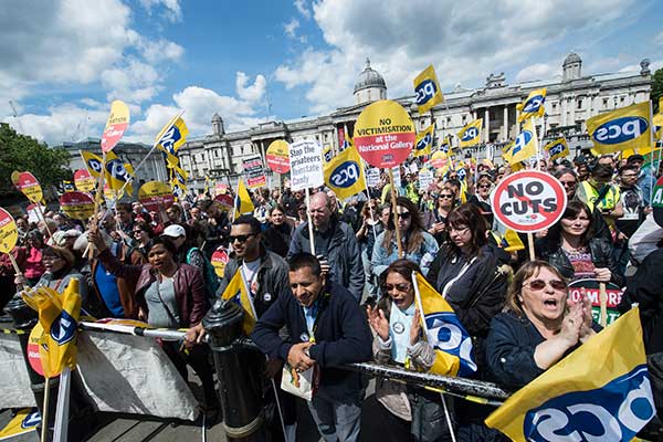 Some 2,000 protesters supporting National Gallery workers at Trafalgar Square in May, 2015. Photo: Guy Smallman.