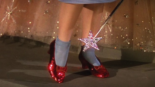 Judy Garland's feet clad in the iconic ruby slippers in the 