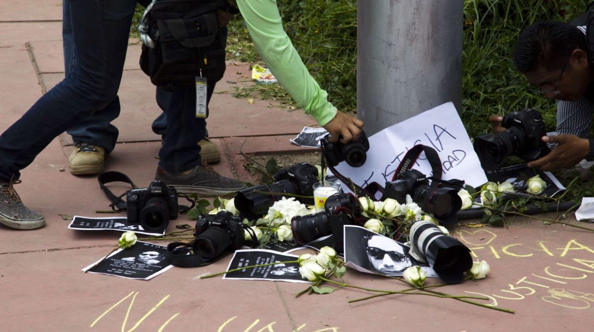 Mexican photojournalists gather in honor of murdered colleague Ruben Espinosa in Guadalajara City, on August 2, 2015. Photo: Hector Guerrero, courtesy AFP Photo/Getty Images.