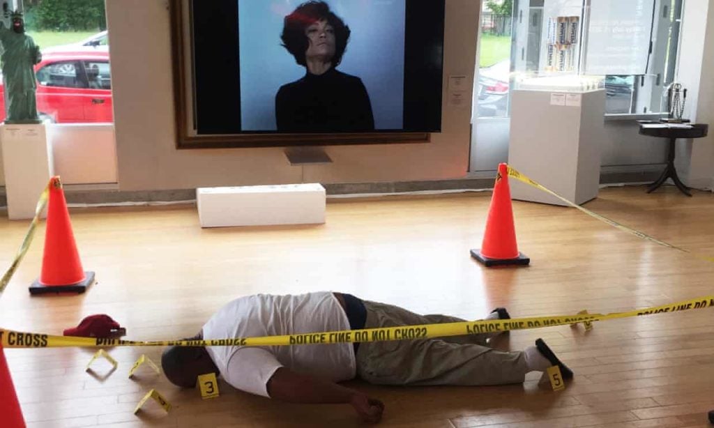 Ti-Rock Moore, art installation depicting the body of Michael Brown at Gallery Guichard, Chicago. Photo courtesy of Gallery Guichard.