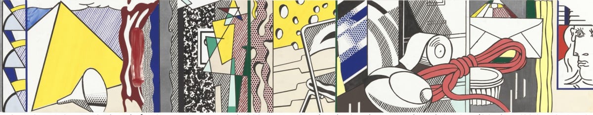 ROY LICHTENSTEIN Final study for Greene Street Mural, 1983 Cut-and-pasted printed and painted paper, india ink, gouache, pencil and synthetic polymer paint on paper 17 x 56 1/8 inches (43.2 x 143 cm) The Museum of Modern Art, New York, NY U.S.A. © Estate of Roy Lichtenstein. Digital Image © The Museum of Modern Art/Licensed by SCALA / Art Resource, NY. Courtesy Gagosian Gallery. 
