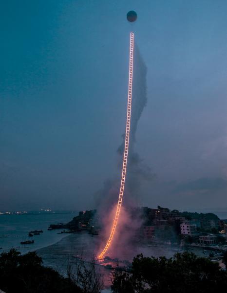 Cai Guo-Qiang, Sky Ladder, realized at Huiyu Island Harbour, Quanzhou, Fujian, June 15, 2015 at 4:49 am, approximately 2 minutes and 30 seconds. Photo: Lin Yi, courtesy Cai Studio.