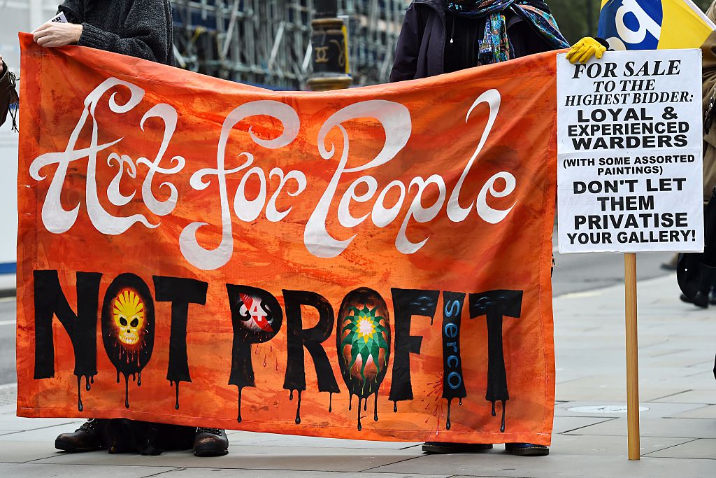 Staff from the National Gallery strike for pay rise and against privatization of museum services in central London on October 15, 2014. The dispute has been ongoing for one and a half years. Photo credit should read BEN STANSALL/AFP/Getty Images.