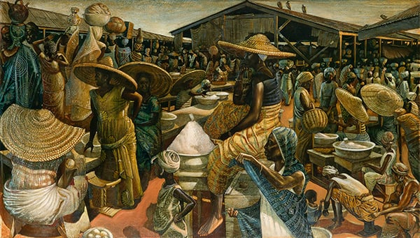 John Biggers, Kumasi Market (1962), from Maya Angelou's collection. The pre-sale estimate is $100,000–150,000. Photo: courtesy Swann Auction Galleries.