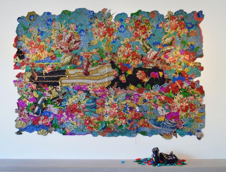 Ebony Patterson, 'In Rest-Dead Treez', 2015, mixed media hand embellished jacquard tapestry with handmade shoes and 150 crocheted leaves, 84x113 inches.  Image: Monique Meloche Gallery. Courtesy of the artist.