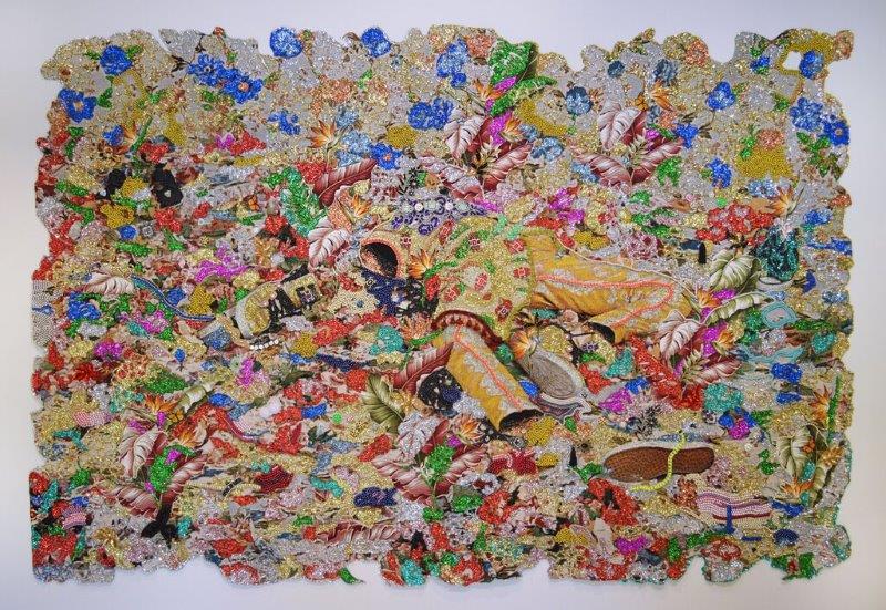 'Golden Rest-Dead Treez', 2015, mixed media hand embellished jacquard tapestry, 78x114 inches.  Image: Monique Meloche. Courtesy of the artist.