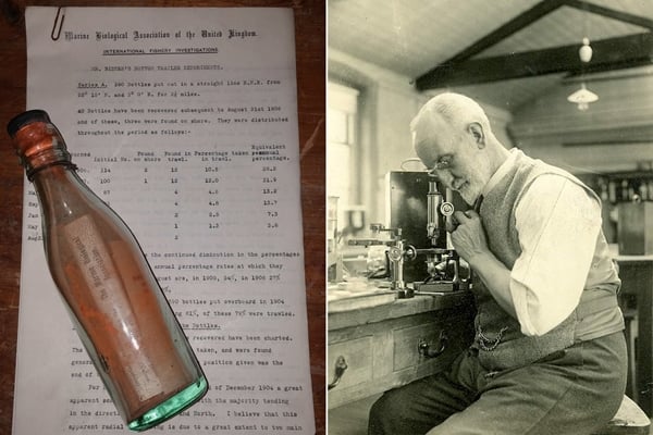 George Parker Bidder (right), found bottle (left). Photo: MBA Archive.