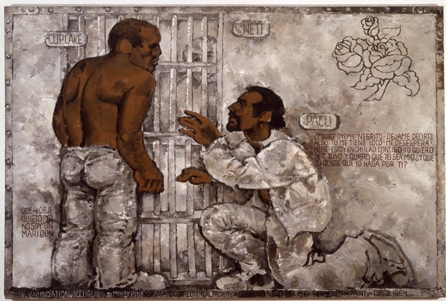 Martin Wong, The Annunciation According to Mikey Piñero (Cupcake and Paco), 1984, acrylic on canvas. Syracuse University Art Collection. Photo courtesy the Bronx Museum of the Arts.