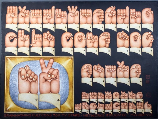 Martin Wong, Brainwashing Cult Cons Top TV Stars, 1981, acrylic on canvas. Photo courtesy the Bronx Museum of the Arts.