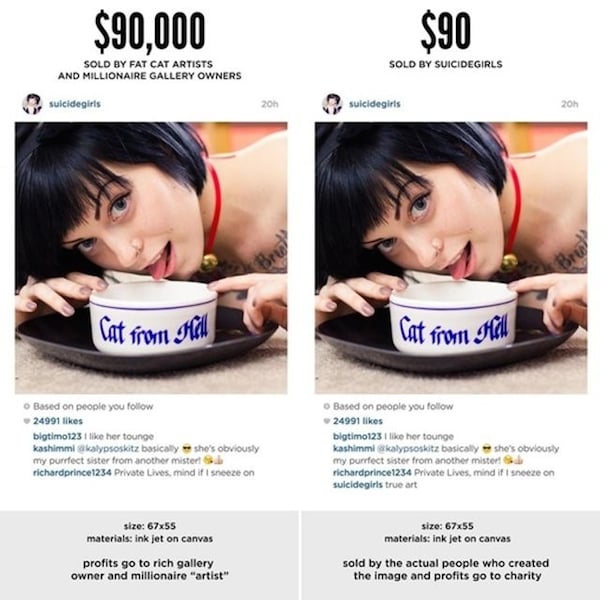 Screen capture from the Suicide Girls website, offering $90 version of Richard Prince's Instagram painting