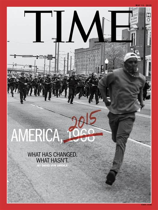 Devin Allen's photo of police chasing a young black man in Baltimore on the cover of <em>Time</em> magazine. Photo: Devin Allen/<em>Time</em> magazine.