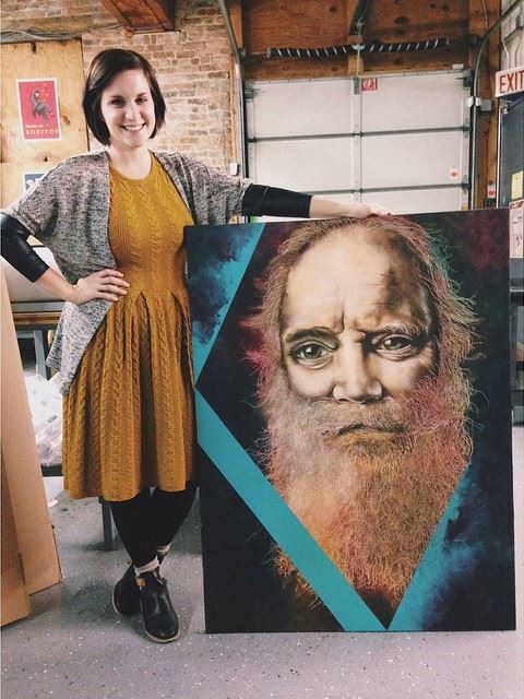 Lydia Cash with her painting <em>The Old Man</em>. Photo: Lydia Cash. 