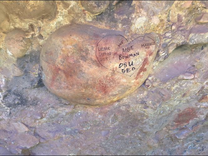 Graffiti from Ohio State University geology students defacing ancient rock art in Utah. Photo: Rex Daley.