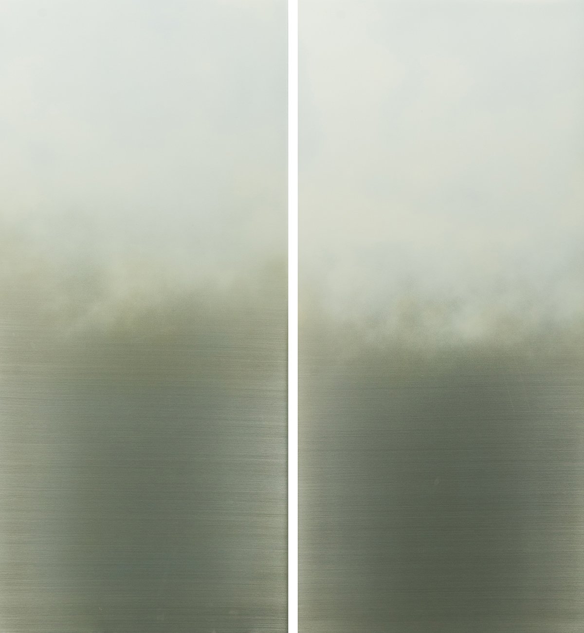 Maya Ando, White Yellow Diptych (2015). Pigment, urethane, resin, aluminum. 48 x 48 in.