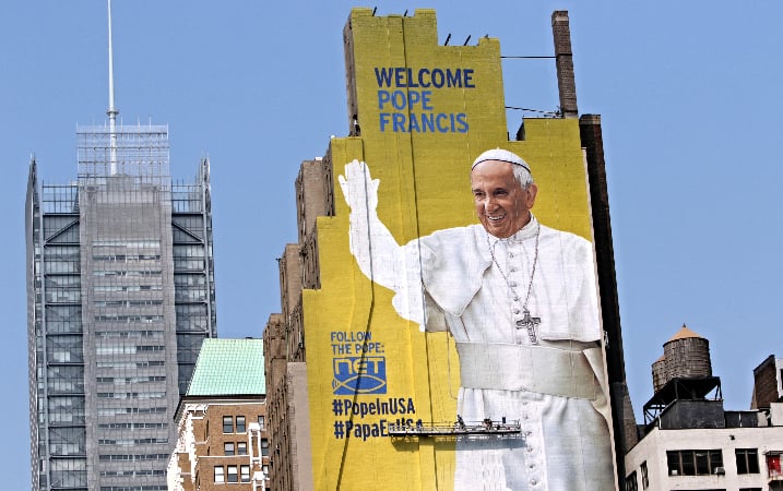 Van Hecht-Nielsen, Pope Francis mural overlooking Madison Square Garden.  Photo: Gregory A. Shemitz, courtesy Catholic news Service/CNS Photo.
