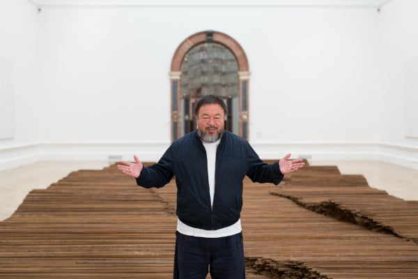 Ai Weiwei with his installation Straight, Royal Academy of Arts, 2015. Photo: © Dave Parry Courtesy Royal Academy of Arts, London.