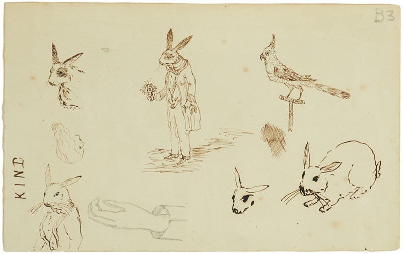 Lewis Carroll, preliminary sketches of the White Rabbit, (1862–64). Photo: Christ Church Library, © Governing Body of Christ Church, Oxford.