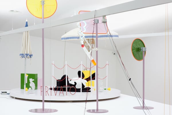 Cosima von Bonin, HIPPIES USE SIDE DOOR. THE YEAR 2014 HAS LOST THE PLOT, (2014).Installation View at Mumok, Vienna.Photo: Courtesy of the artist and Petzel, New York.