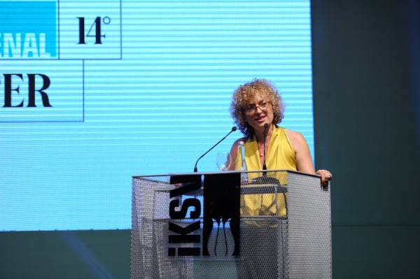 Carolyn Christov-Bakargiev at the press conference for the 2015 Istanbul Biennial
