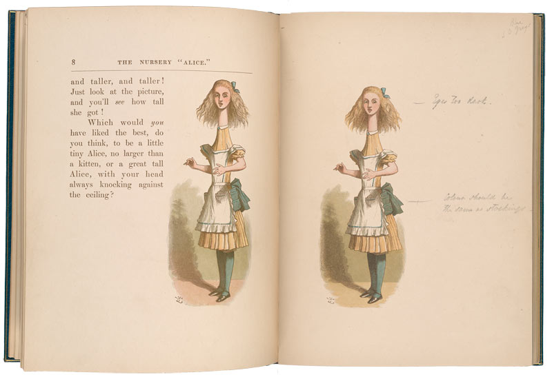 John Tenniel, <em> Curiouser and curiouser!</eM>, revised color proof bound in Lewis Carroll’s <em>The Nursery “Alice”</em> (1889). Photo: private collection, Graham S. Haber.
