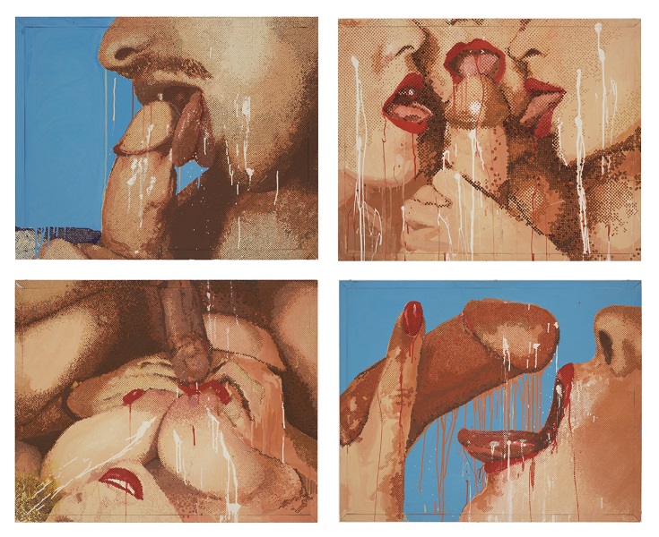 Marilyn Minter, Porn Grid (1989) Enamel on metal (4 panel grid) Each 24 x 30 inches, overall 51 x 63 inches Collection of Steve Miller, New York 