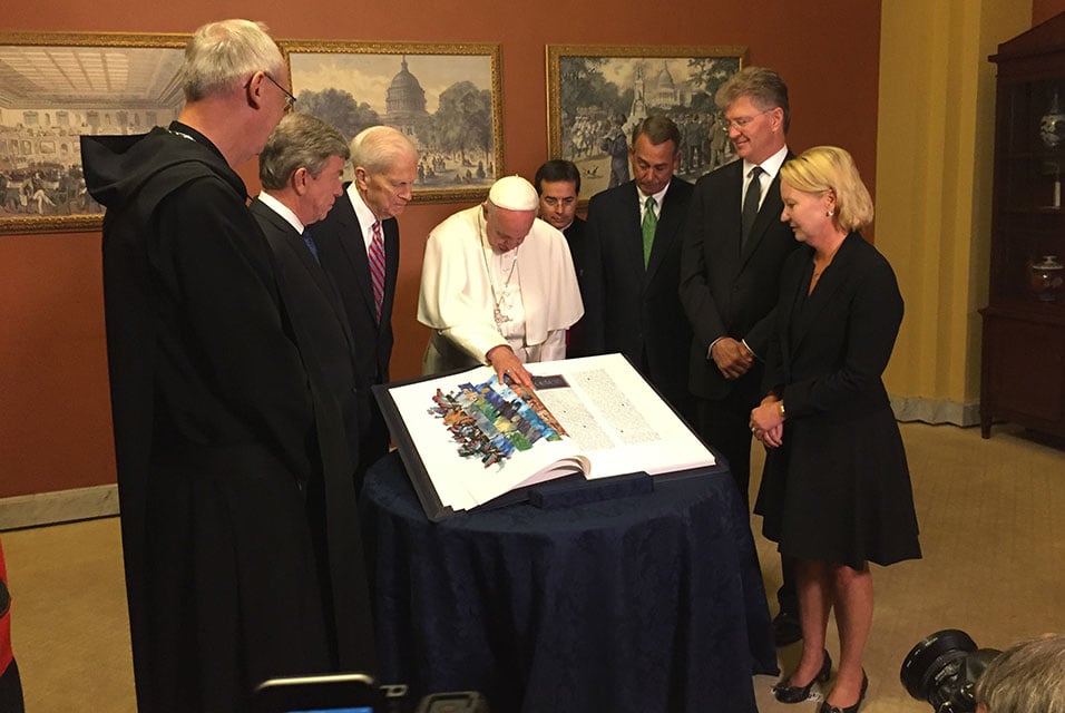 Pope Francis at the official presentation of the Apostles Edition of the Saint John's Bible to the Library of Congress. Photo: Saint John's Abbey and University.