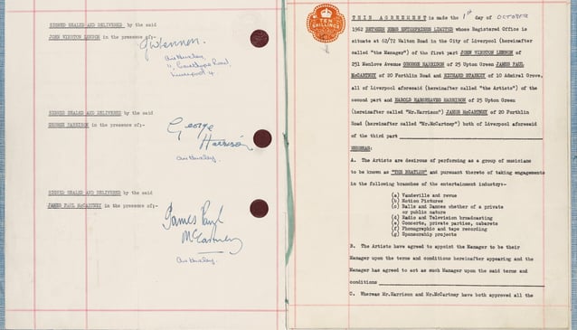 The Beatles signed managerial contract with Brian Epstein, October 1, 1962. Photo: Sotheby's.