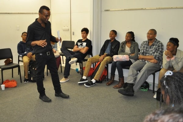 Artist in Residence Clifford Owens meets with YI Writers at the Whitney Studio, October 2013. Image: Correna Cohen.