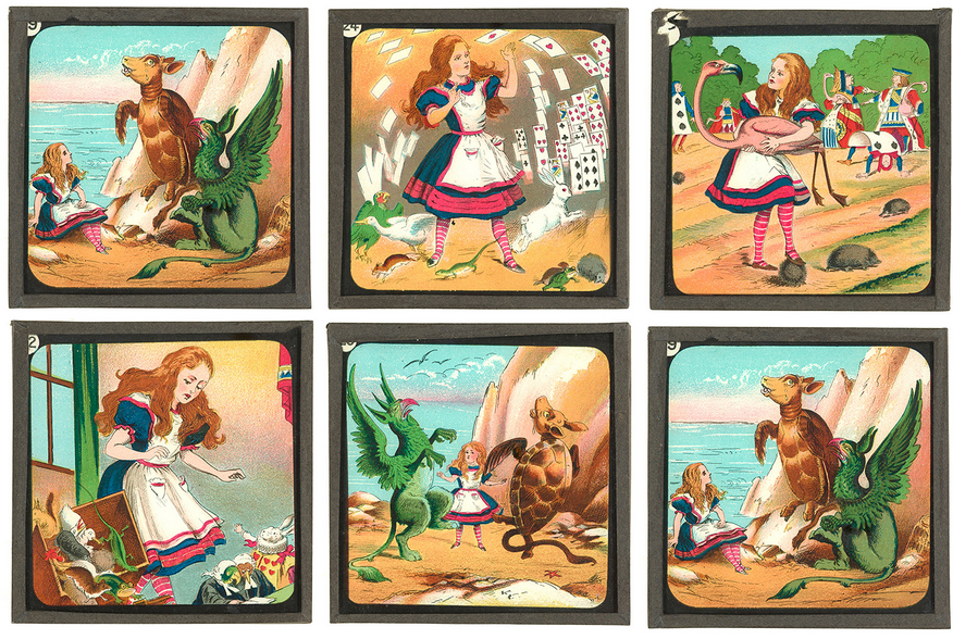 Early 1900s magic lantern slides featuring scenes from <em>Alice</eM>. Photo: the Morgan Library & Museum, New York. 