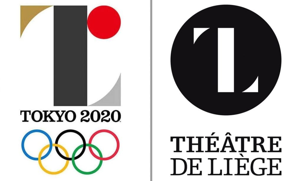 Kenjiro Sano's contested logo for the Tokyo 2020 Olympic Games compared to a design by Belgian designer Olivier Debie. Photo: courtesy Tokyo 2020 and Theatre de Liege.