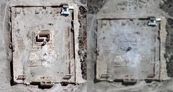 Satellite imagery of the Temple of Bel in Palmyra both before and after ISIS destroyed it. Photo: UNOSAT.
