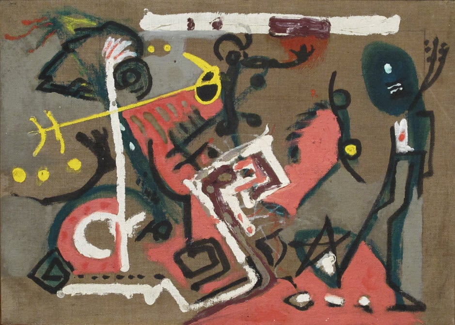 Jackson Pollock, Untitled (Composition on Brown) (c. 1945). Oil on brown canvas. Courtesy of Washburn Gallery.