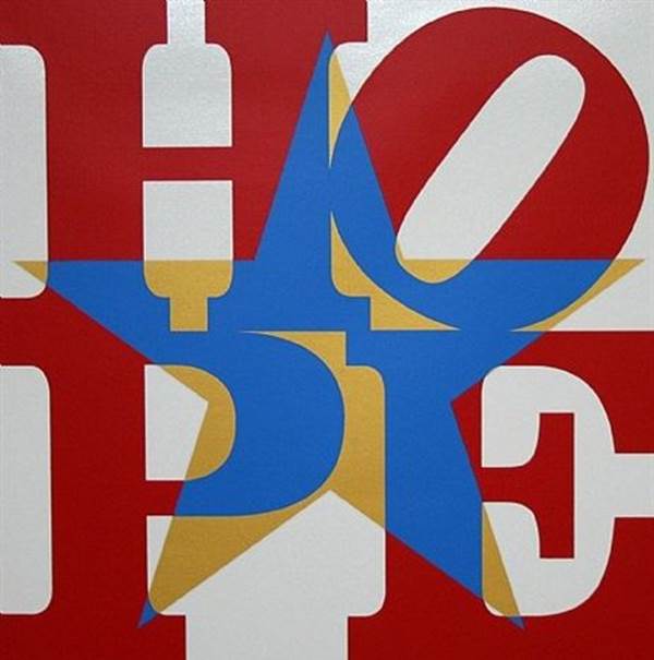 Robert Indiana, Star of Hope, Red/Blue/ White/ Gold (2013). Photo: via artnet/ Rosenbaum Contemporary.