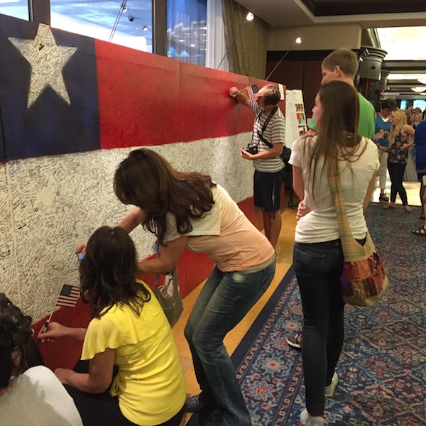 Pamela Alderman’s "touchable artwork," <em>Hometown Hero</em>, encouraging visitors to leave messages in support of the troops, at the Amway Grand Hotel