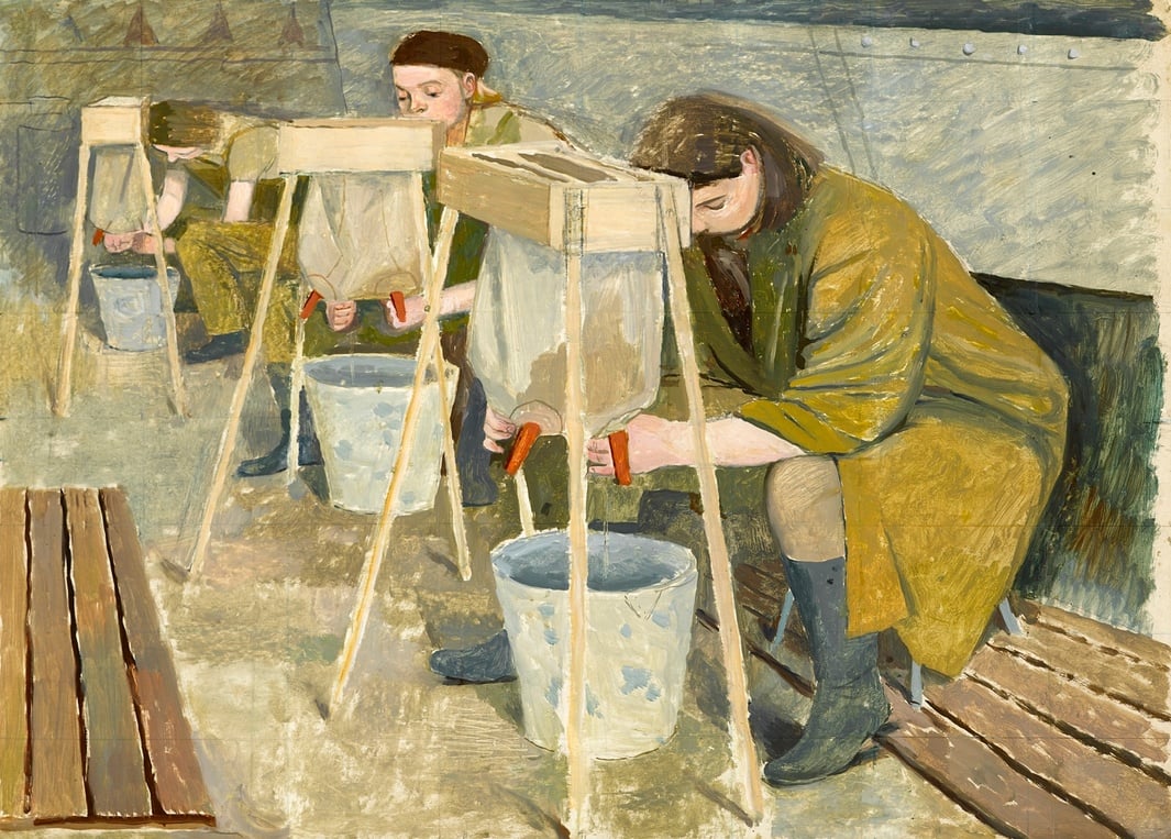 Evelyn Dunbar, <em>Milking Practice with Artificial Udders</em> (1940), a commission for the Women's Land Army. Photo: The Evelyn Dunbar estate, courtesy Liss Llewellyn Fine Art.