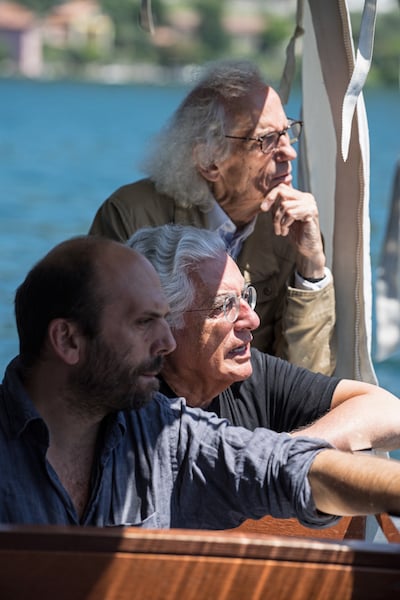 Christo (right) with The Floating Piers Project Director Germano Celant (center) and Vladimir Yavachev (left),July 2014.<br>Photo: Wolfgang Volz © 2014 Christo