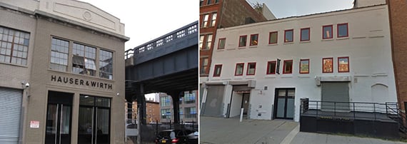 Hauser & Wirth's current Chelsea facility, left, and the building it will knock down to make way for its new home, right.<br>Photo via Real Deal.