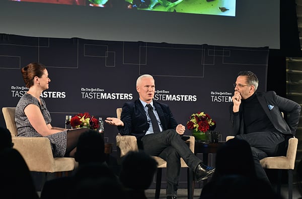 New York Times dining reporter Julia Moskin, curator Klaus Biesenbach, and chef Yotam Ottolenghi speak onstage at the New York Times TasteMasters at the Park Hyatt. Photo: Mike Coppola/Getty Images for the New York Times.