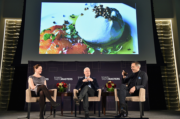 New York Times dining reporter Julia Moskin, curator Klaus Biesenbach, and chef Yotam Ottolenghi speak onstage at the New York Times TasteMasters at the Park Hyatt. Photo: Mike Coppola/Getty Images for the New York Times.